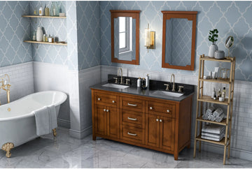 Chatham 60'' Chocolate Vanity, double bowl, Black Granite Vanity Top, two undermount rectangle bowls VKITCHA60CHBGR