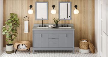 Theodora 60'' Grey Vanity, double bowl, Steel Grey Cultured Marble Vanity Top, two undermount rectangle bowls VKITTHE60GRSGR