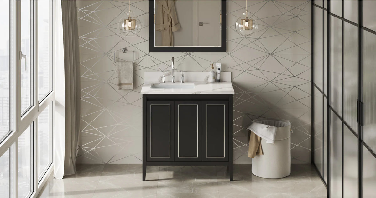 Percival 36'' Black Vanity, left offset, Calacatta Vienna Quartz Vanity Top, undermount rectangle bowl VKITPER36BKCQR