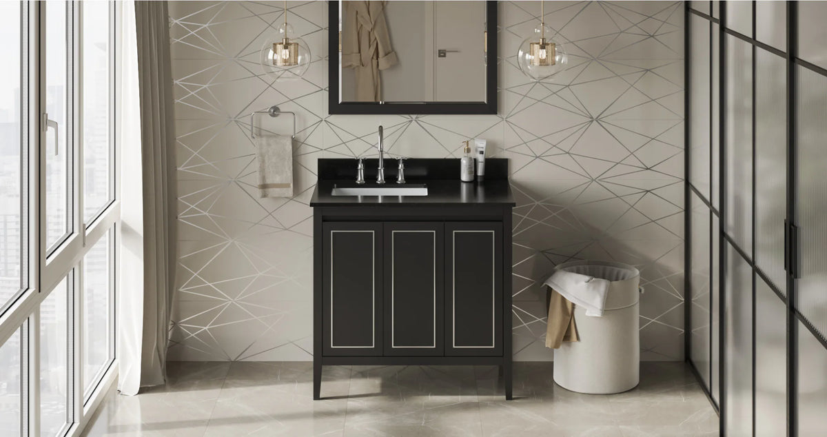 Percival 36'' Black Vanity, left offset, Black Granite Vanity Top, undermount rectangle bowl VKITPER36BKBGR