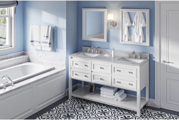 Adler 60'' White Vanity, double bowl, White Carrara Marble Vanity Top, two undermount rectangle bowls VKITADL60WHWCR