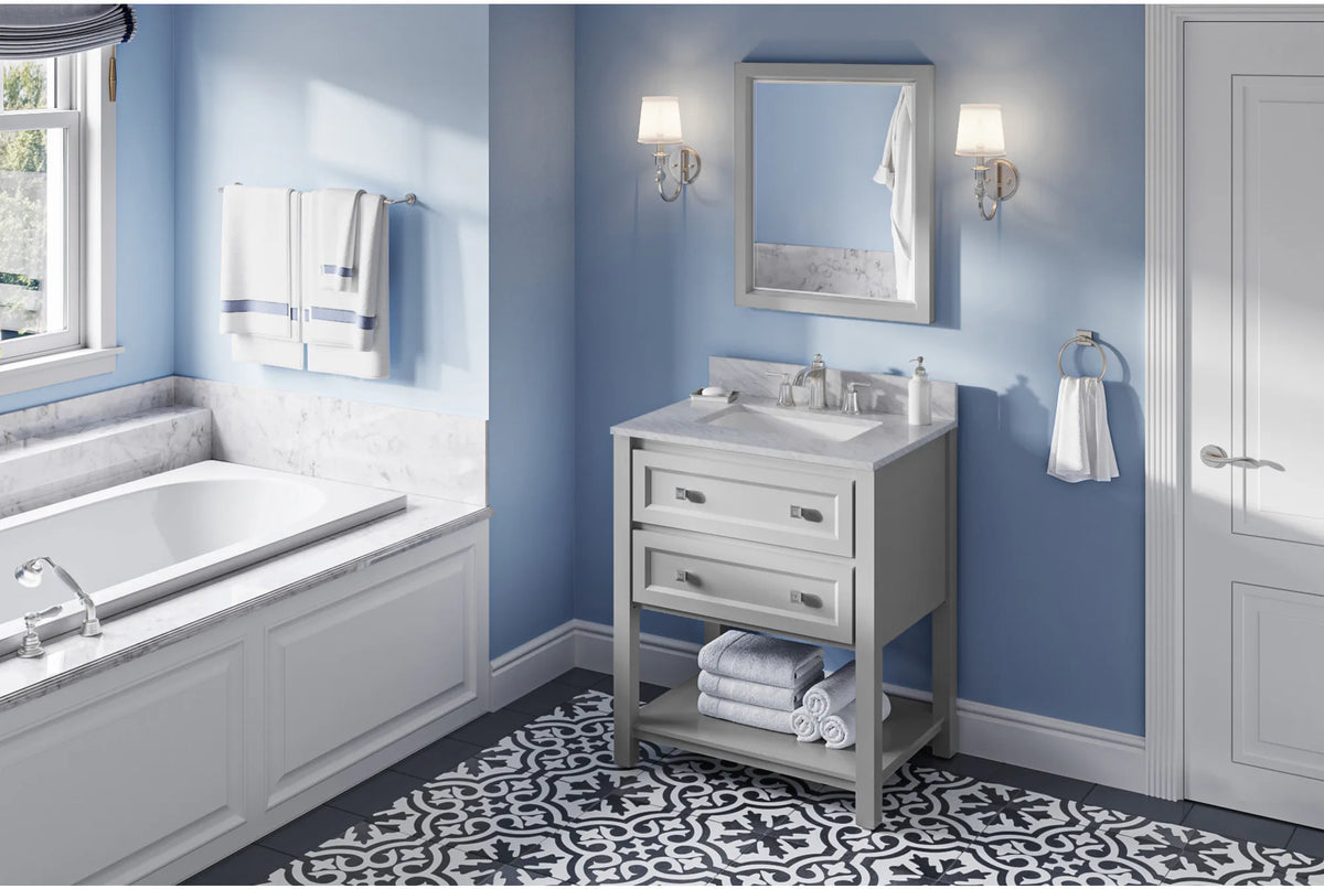 Adler 30'' Grey Vanity, White Carrara Marble Vanity Top, undermount rectangle bowl VKITADL30GRWCR