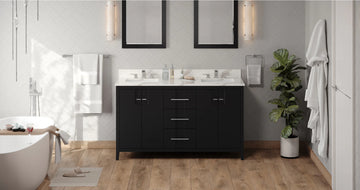 Katara 60'' Black Vanity, double bowl, Calacatta Vienna Quartz Vanity Top, two undermount rectangle bowls VKITKAT60BKCQR