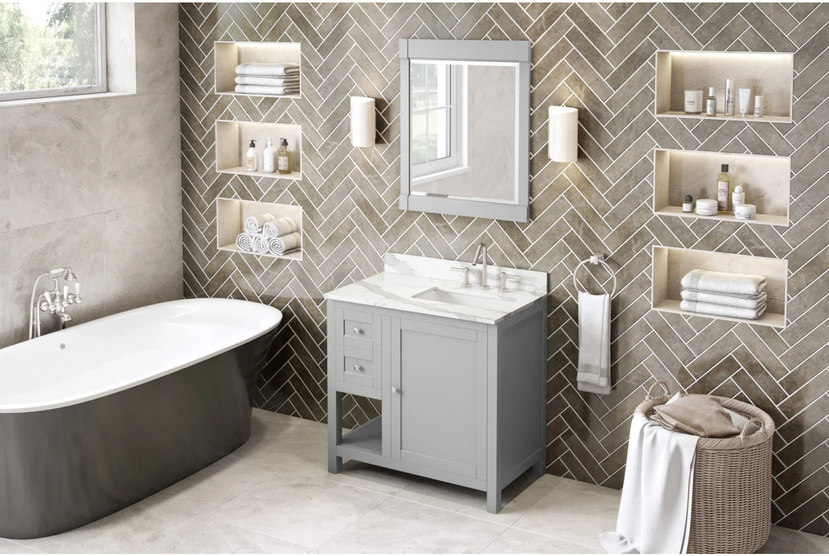 Astoria 36'' Grey Vanity, right offset, Calacatta Vienna Quartz Vanity Top, undermount rectangle bowl VKITAST36GRCQR
