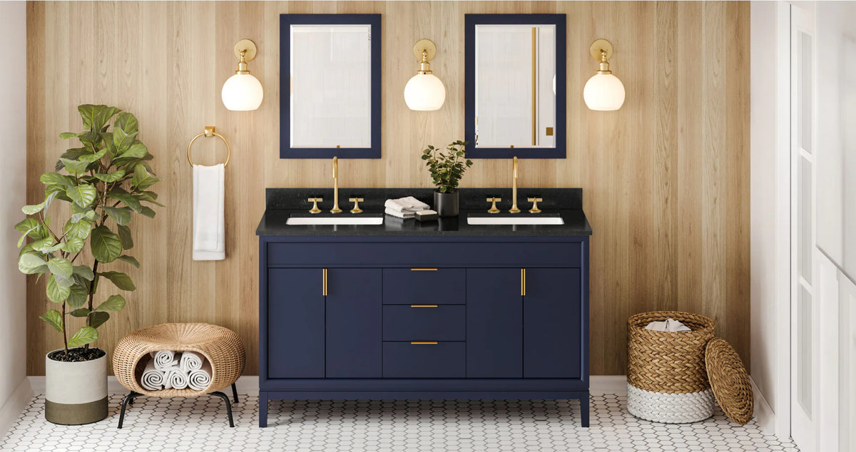 Theodora 60'' Hale Blue Vanity, double bowl, Black Granite Vanity Top, two undermount rectangle bowls VKITTHE60BLBGR