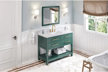 Wavecrest 48'' Forest Green Vanity, White Carrara Marble Vanity Top, undermount rectangle bowl VKITWAV48GNWCR