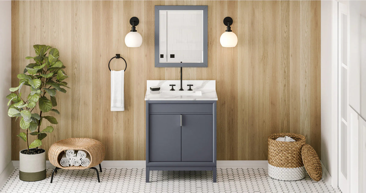 Theodora 30'' Blue Steel Vanity, Calacatta Vienna Quartz Vanity Top, undermount rectangle bowl VKITTHE30BSCQR