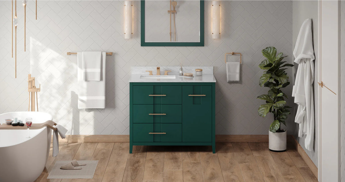 Katara 42'' Forest Green Vanity, left offset, White Carrara Marble Vanity Top, undermount rectangle bowl VKITKAT42GNWCR