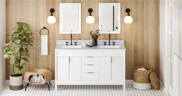 Theodora 60'' White Vanity, double bowl, White Carrara Marble Vanity Top, two undermount rectangle bowls VKITTHE60WHWCR