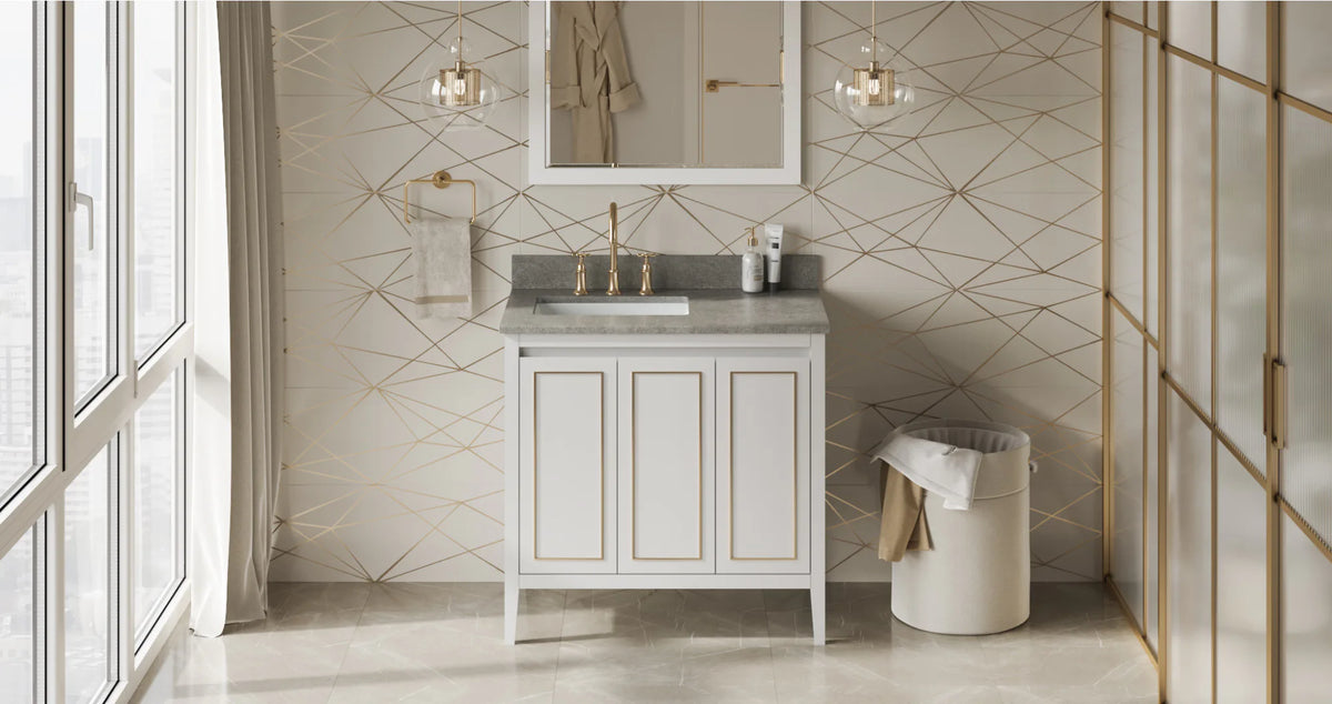 Percival 36'' White Vanity, left offset, Steel Grey Cultured Marble Vanity Top, undermount rectangle bowl VKITPER36WHSGR