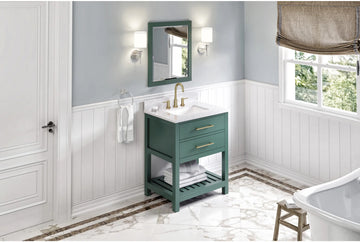 Wavecrest 30'' Forest Green Vanity, White Carrara Marble Vanity Top, undermount rectangle bowl VKITWAV30GNWCR