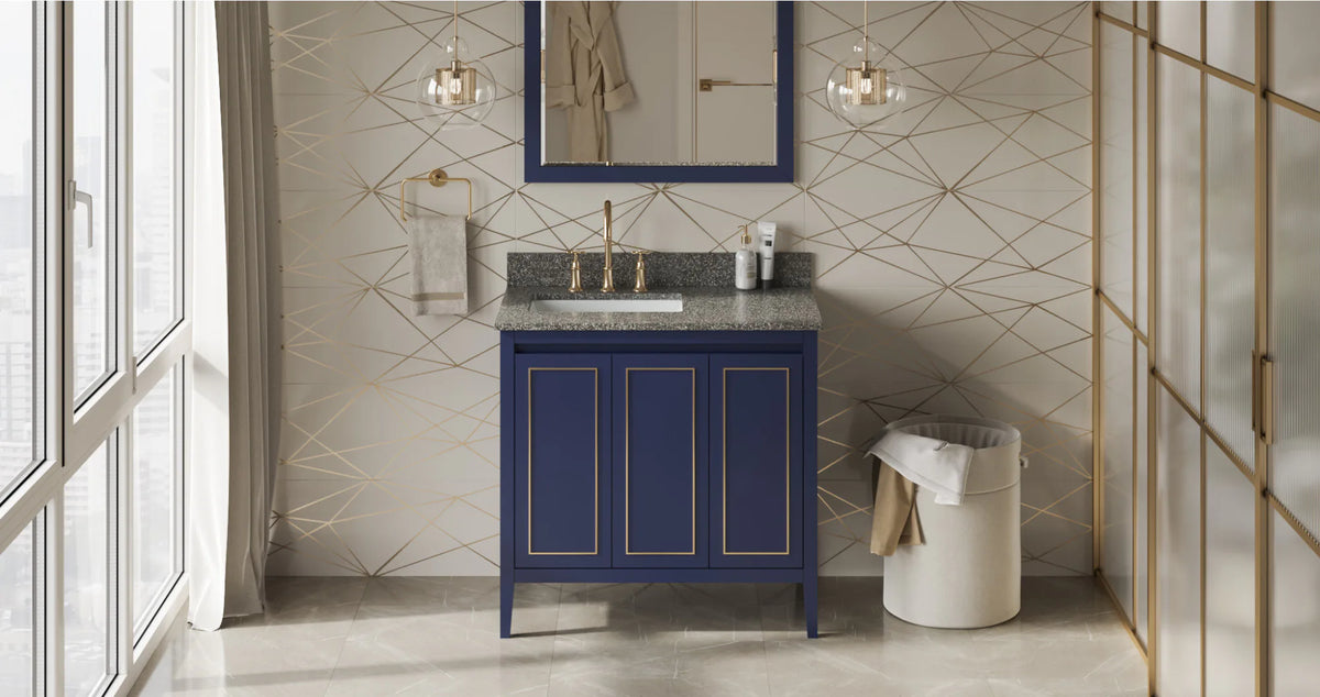 Percival 36'' Hale Blue Vanity, left offset, Boulder Vanity Cultured Marble Vanity Top, undermount rectangle bowl VKITPER36BLBOR