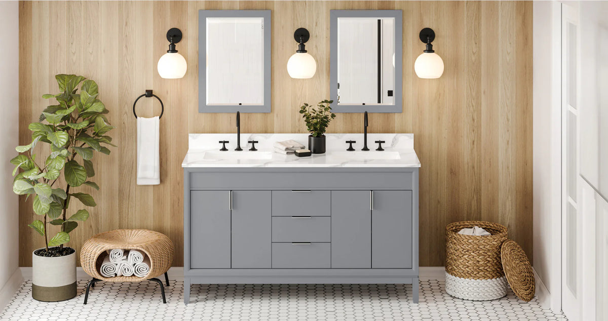 Theodora 60'' Grey Vanity, double bowl, Calacatta Vienna Quartz Vanity Top, two undermount rectangle bowls VKITTHE60GRCQR