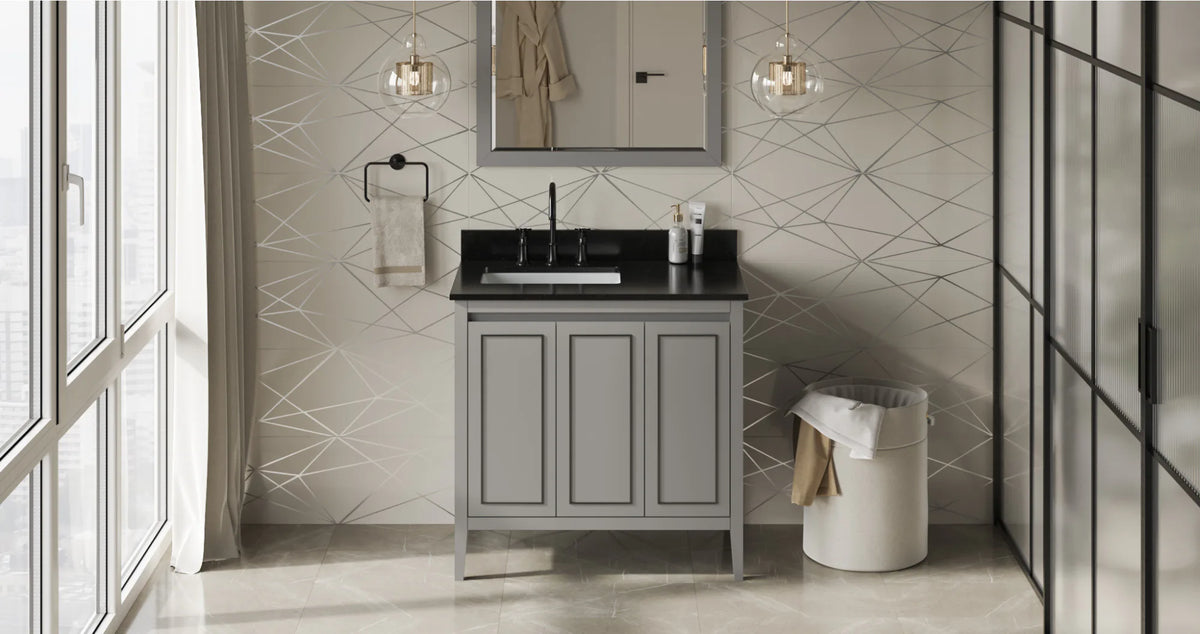 Percival 36'' Grey Vanity, left offset, Black Granite Vanity Top, undermount rectangle bowl VKITPER36GRBGR