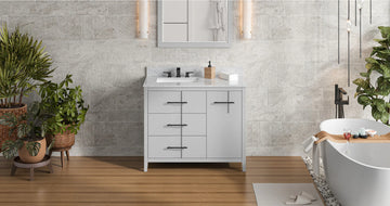 Katara 42'' Grey Vanity, left offset, White Carrara Marble Vanity Top, undermount rectangle bowl VKITKAT42GRWCR