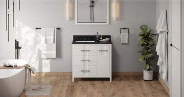 Katara 36'' White Vanity, left offset, Black Granite Vanity Top, undermount rectangle bowl VKITKAT36WHBGR