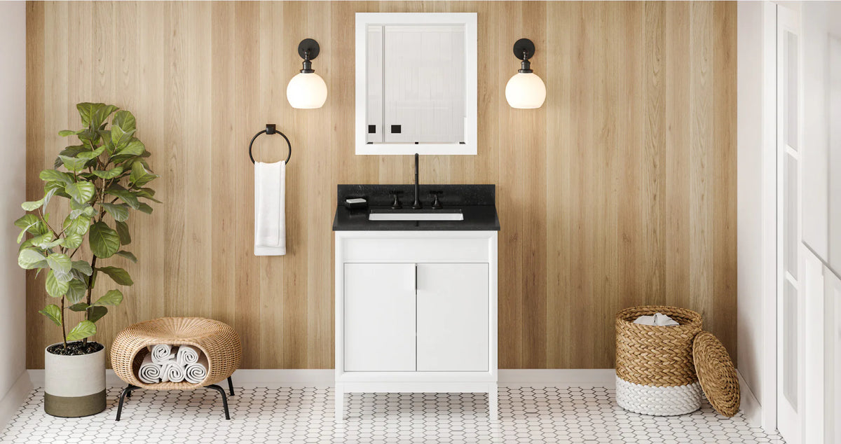 Theodora 30'' White Vanity, Black Granite Vanity Top, undermount rectangle bowl VKITTHE30WHBGR