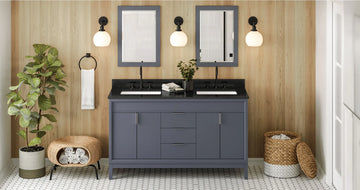 Theodora 60'' Blue Steel Vanity, double bowl, Black Granite Vanity Top, two undermount rectangle bowls VKITTHE60BSBGR