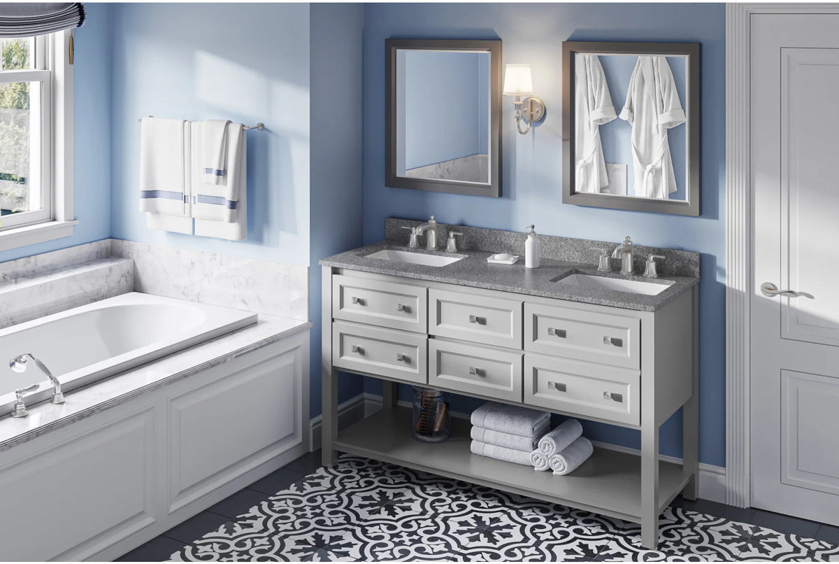 Adler 60'' Grey Vanity, double bowl, Boulder Cultured Marble Vanity Top, two undermount rectangle bowls VKITADL60GRBOR