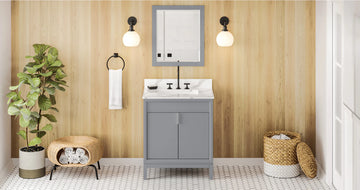 Theodora 30'' Grey Vanity, Calacatta Vienna Quartz Vanity Top, undermount rectangle bowl VKITTHE30GRCQR