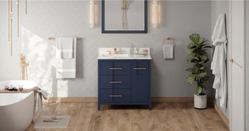 Katara 36'' Hale Blue Vanity, left offset, Calacatta Vienna Quartz Vanity Top, undermount rectangle bowl VKITKAT36BLCQR