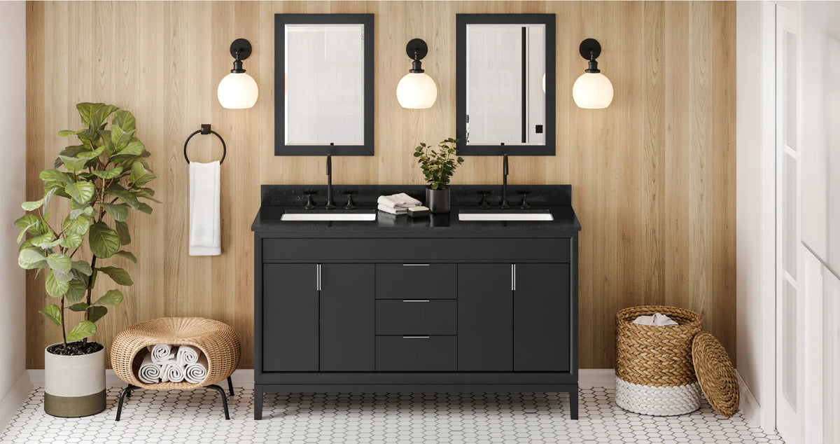 Theodora 60'' Black Vanity, double bowl, Black Granite Vanity Top, two undermount rectangle bowls VKITTHE60BKBGR
