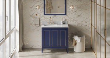 Percival 36'' Hale Blue Vanity, left offset, White Carrara Marble Vanity Top, undermount rectangle bowl VKITPER36BLWCR