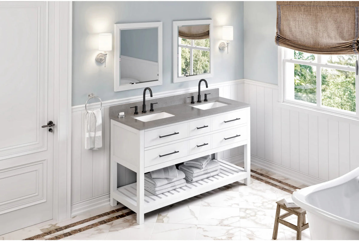 Wavecrest 60'' White Vanity, double bowl, Steel Grey Cultured Marble Vanity Top, two undermount rectangle bowls VKITWAV60WHSGR