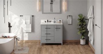 Katara 36'' Grey Vanity, left offset, Calacatta Vienna Quartz Vanity Top, undermount rectangle bowl VKITKAT36GRCQR