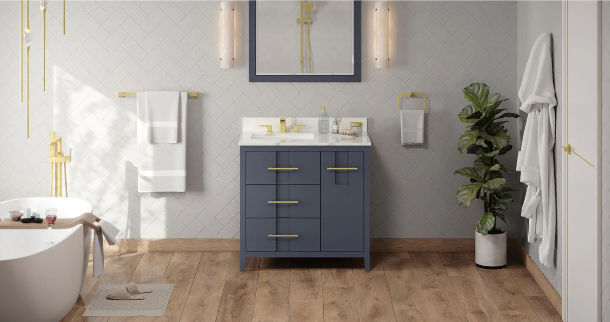 Katara 36'' Blue Steel Vanity, left offset, Calacatta Vienna Quartz Vanity Top, undermount rectangle bowl VKITKAT36BSCQR