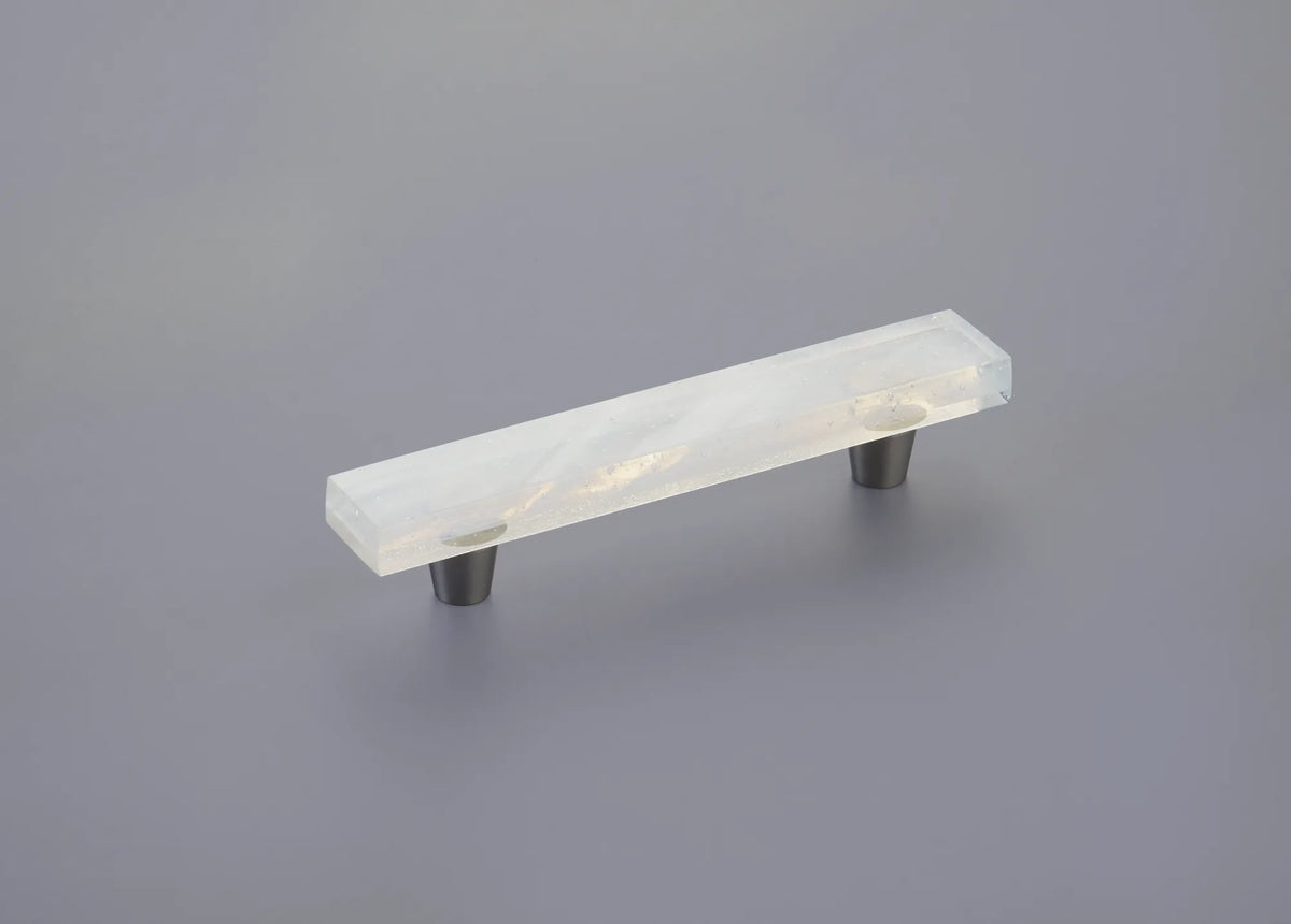 Fused Glass, Rectangular Pull 6'' x 1'' Overall, 4'' cc, Translucent White, Conical Stem, Brushed Stainless Steel 211061-TW-BSS