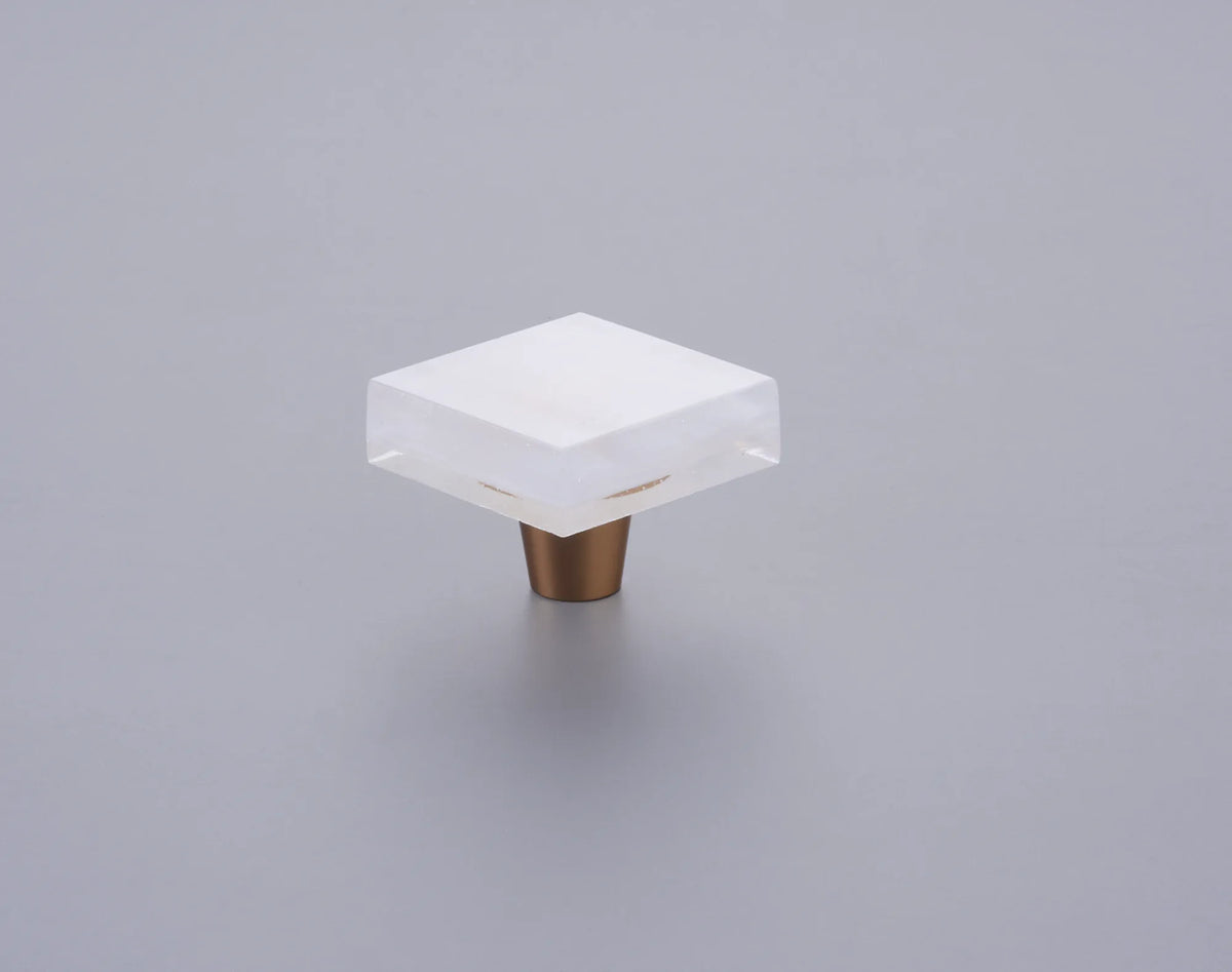 Fused Glass, Small Square Knob 1-1/2'' Dia, Translucent White, Conical Stem, Gold 211066-TW-GLD