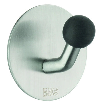 BESLAGSBODEN Design Single Hook in Brushed Stainless Steel/Black Knob Self-adhesive B1084