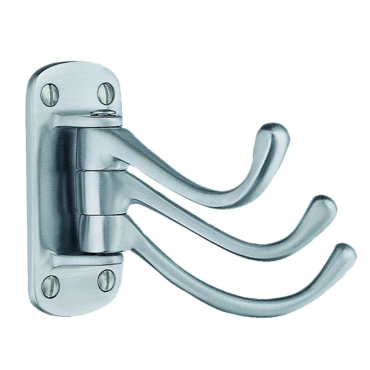 BESLAGSBODEN Coat Hook, Triple in Brushed Chrome, Swing, Height 82 mm BK248M