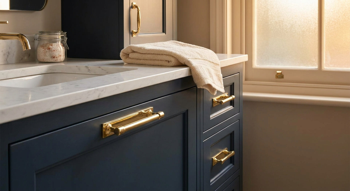Polished brass cabinet pulls for bathroom vanities