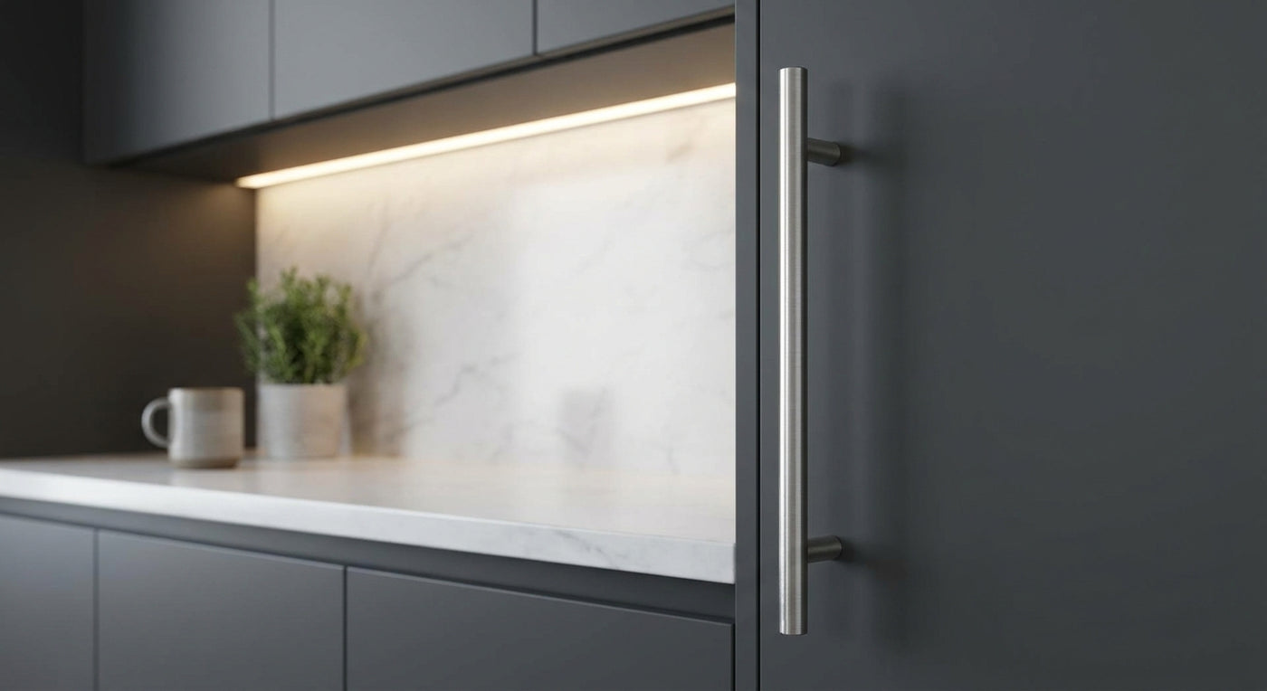 Brushed stainless steel cabinet pulls for modern kitchens