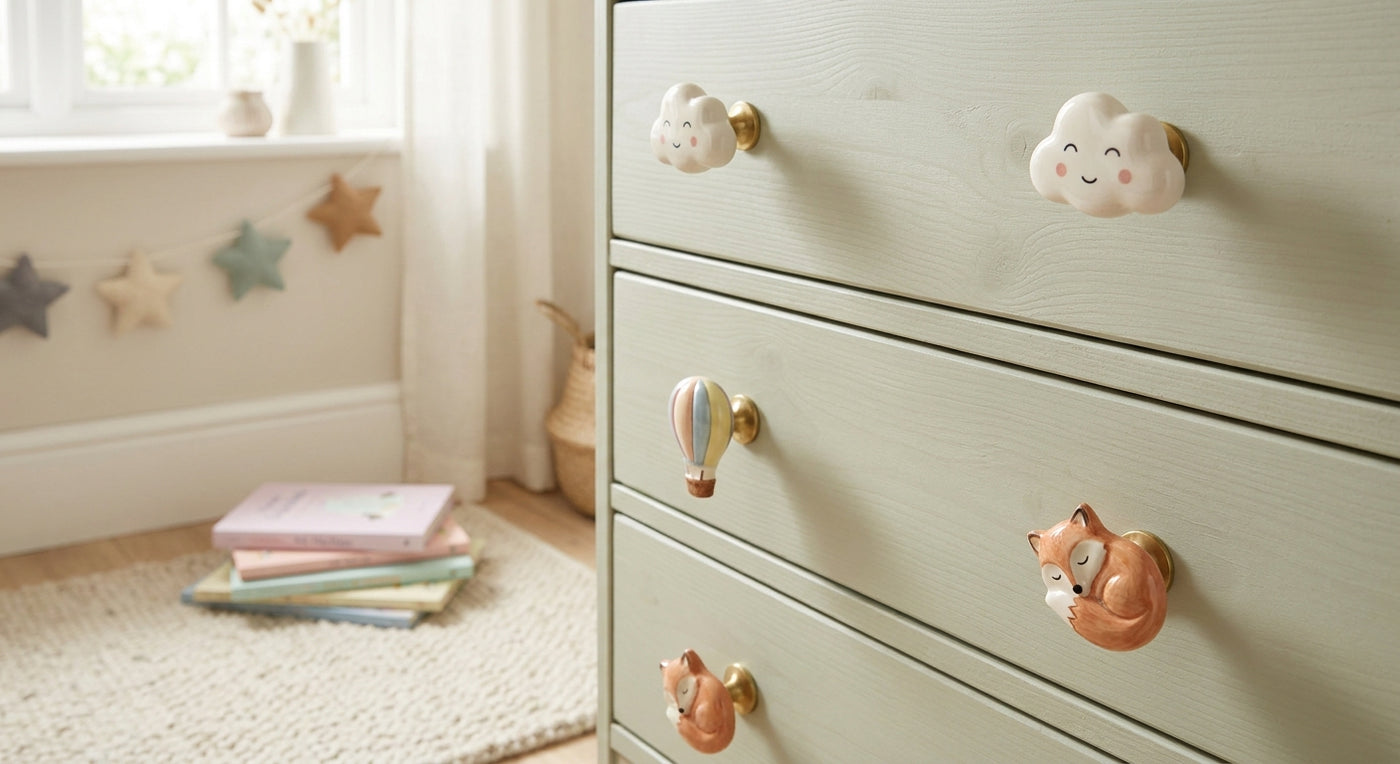 Whimsical cabinet hardware for kids room furniture