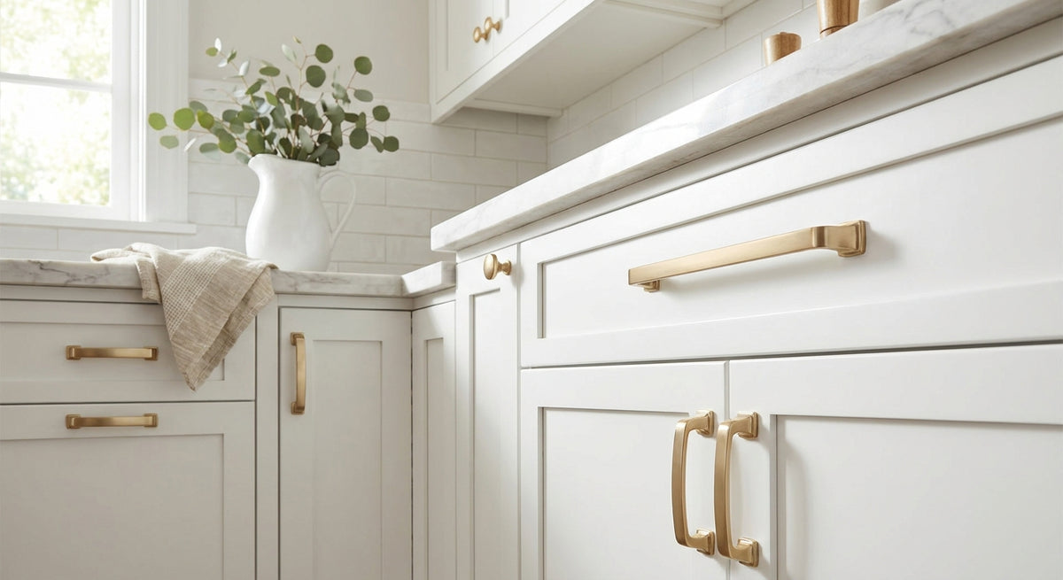 Golden champagne cabinet pulls for white kitchens