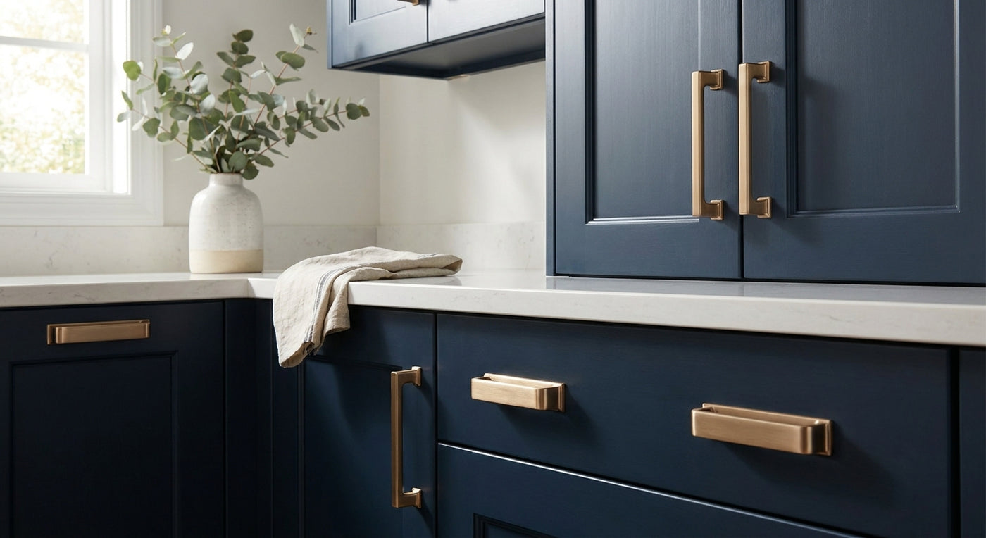 Champagne bronze cabinet pulls for navy cabinets