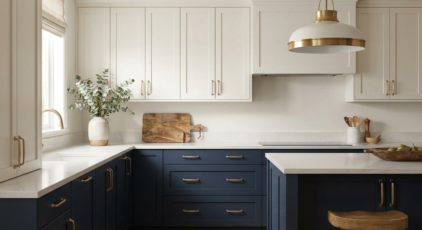 Champagne bronze pulls for two-tone kitchen cabinets