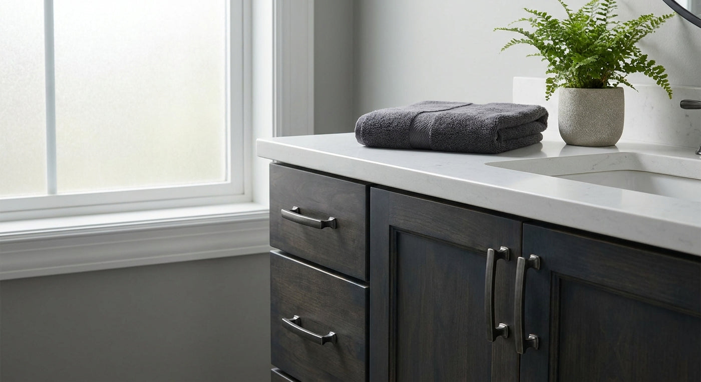Gunmetal cabinet pulls for bathroom vanities