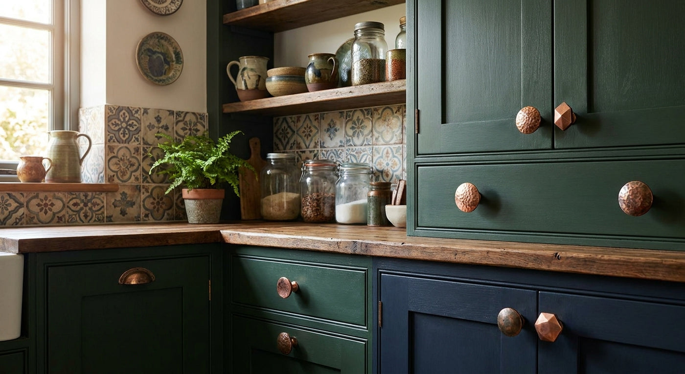 Copper cabinet knobs for eclectic kitchens