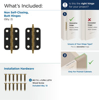 Functional Hardware 2'' Joint Non Self Closing Minaret Tip Butt Antique Brass Cabinet Hinge - 1 Pair BPR2355AE