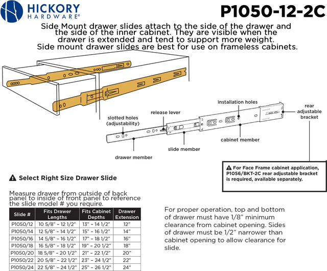 Drawer Slide Side Mount Full Extension 12'' Cadmium Finish P1050/12-2C