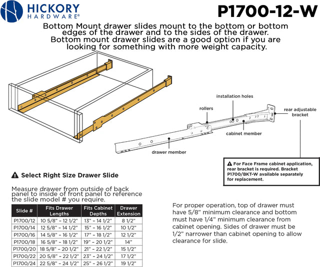 Drawer Slides Drawer Slide Bottom Mount 3/4 Extension 12'' White Finish P1700/12-W