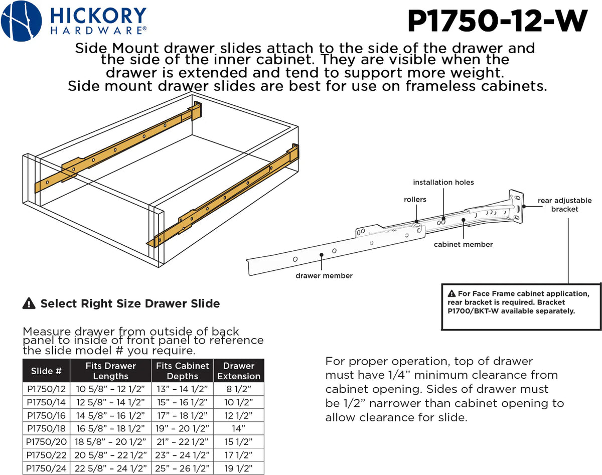 Drawer Slides Drawer Slide Side Mount 3/4 Extension 12'' White Finish P1750/12-W