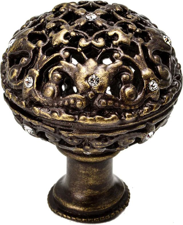 Juliane Grace large knob full round with 13 Swarovski Clear Crystals in Antique Brass. 143-3C