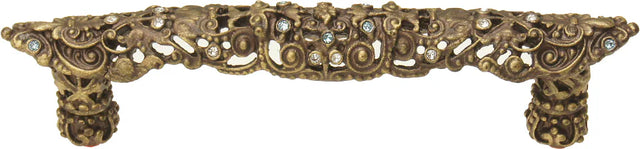 Juliane Grace 4'' cc pull with Clear & Aquamarine Swarovski crystals in Antique Brass. 149-3