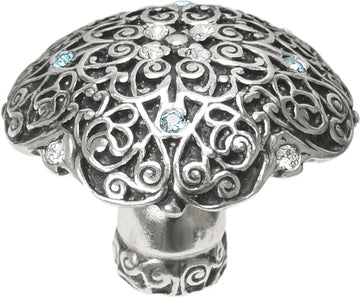 Monticello large round knob with Clear & Aquamarine Swarovski crystals in Chalice. 4514-9