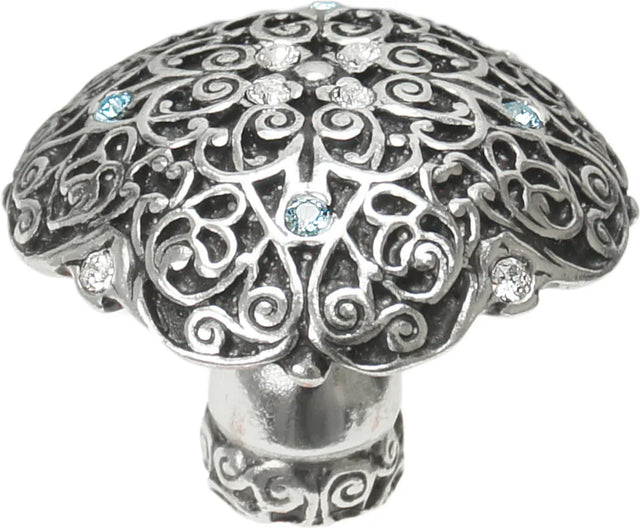 Monticello large round knob with Clear & Aquamarine Swarovski crystals in Chalice. 4514-9